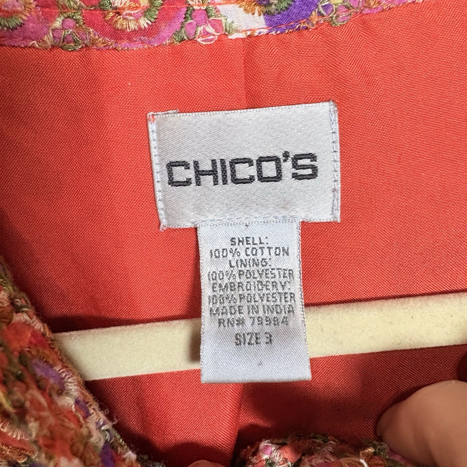 Chicos Embroidered Eyelet Jacket Womens Sz 3 US XL Orange Yellow Pockets Lined