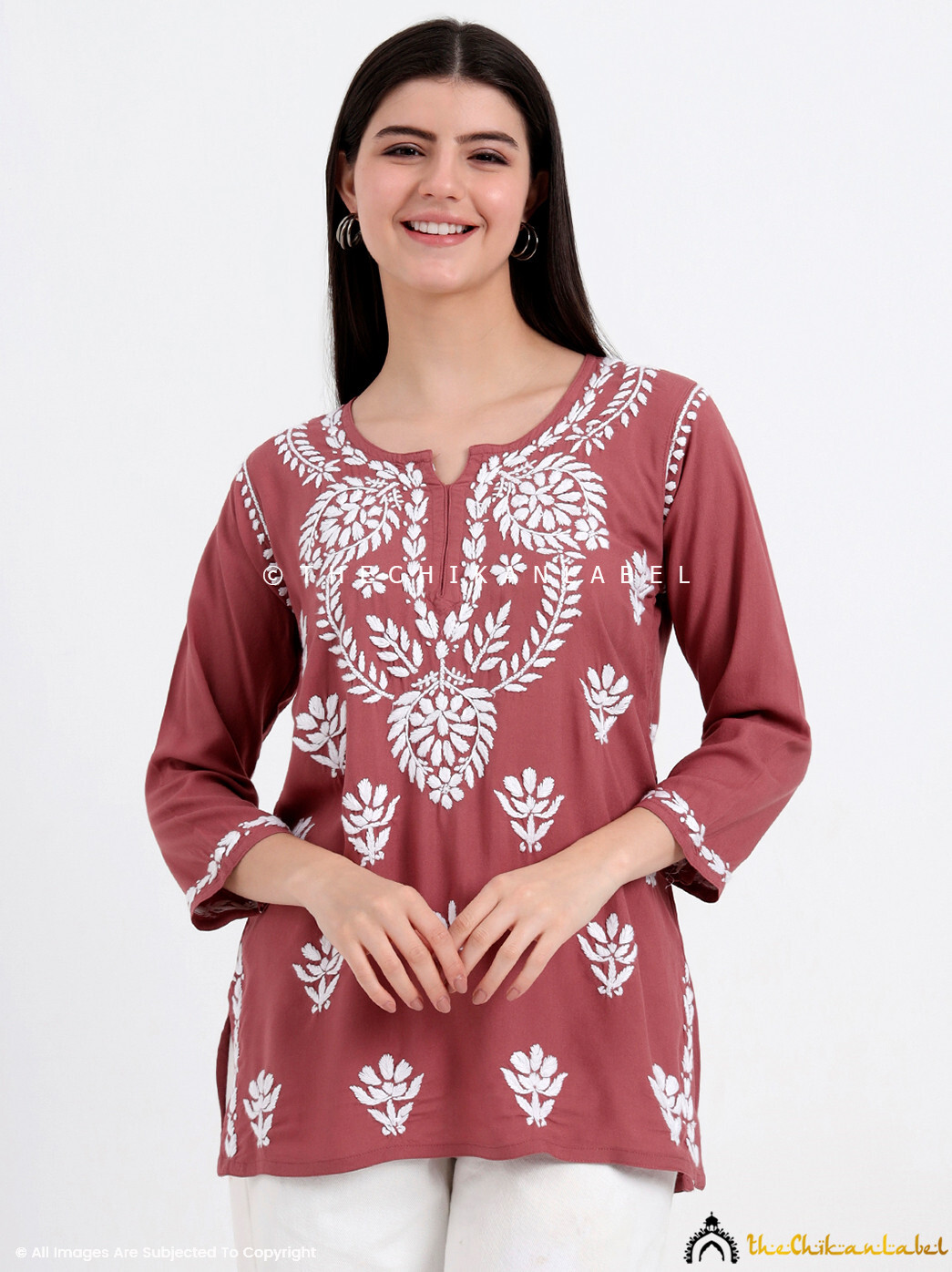Brown Hand Embroidered Chikankari Short Kurta Lucknowi Chikan Short Top