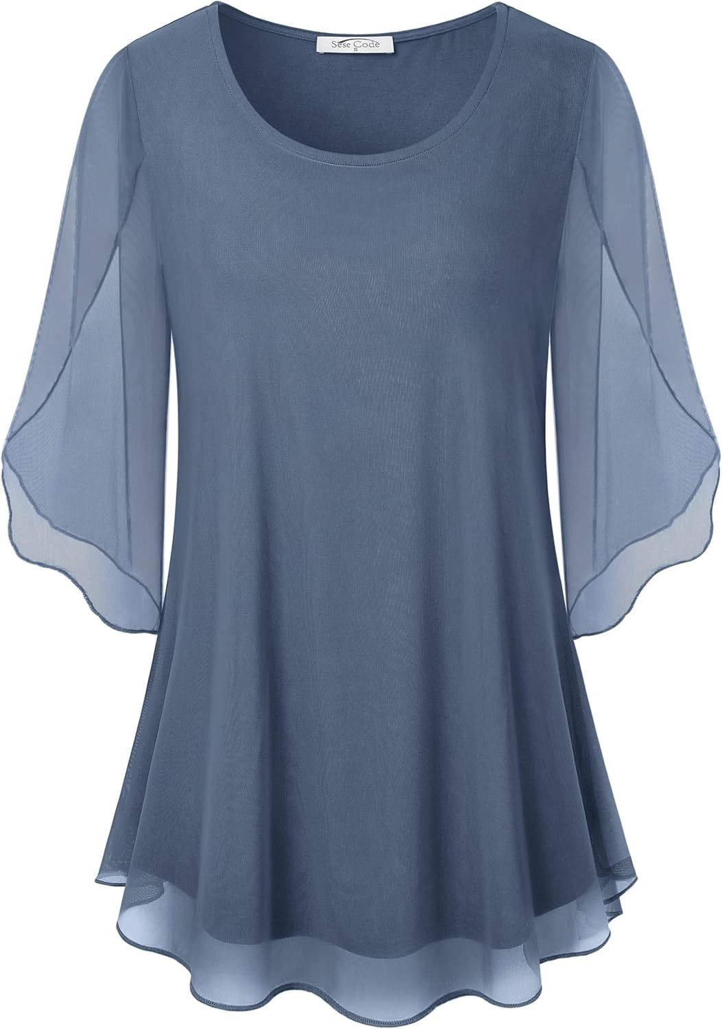 Womens Ruffle 34 Sleeve Mesh Blouses Loose Flowy Tops Stretchy Shirt