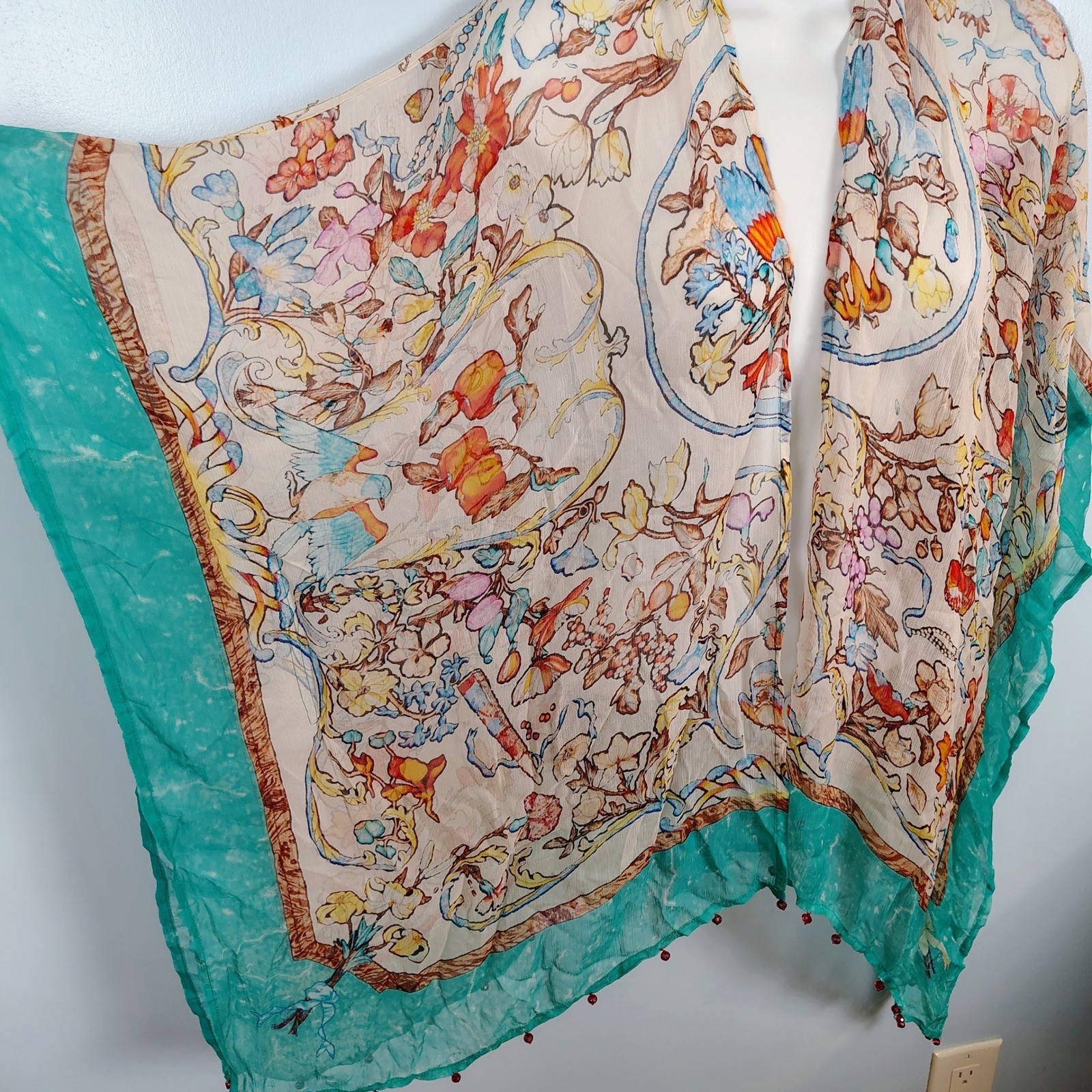 Soft Surroundings Cupro Kimono Wrap Botanical Bird Print Teal Bead Trim S/M