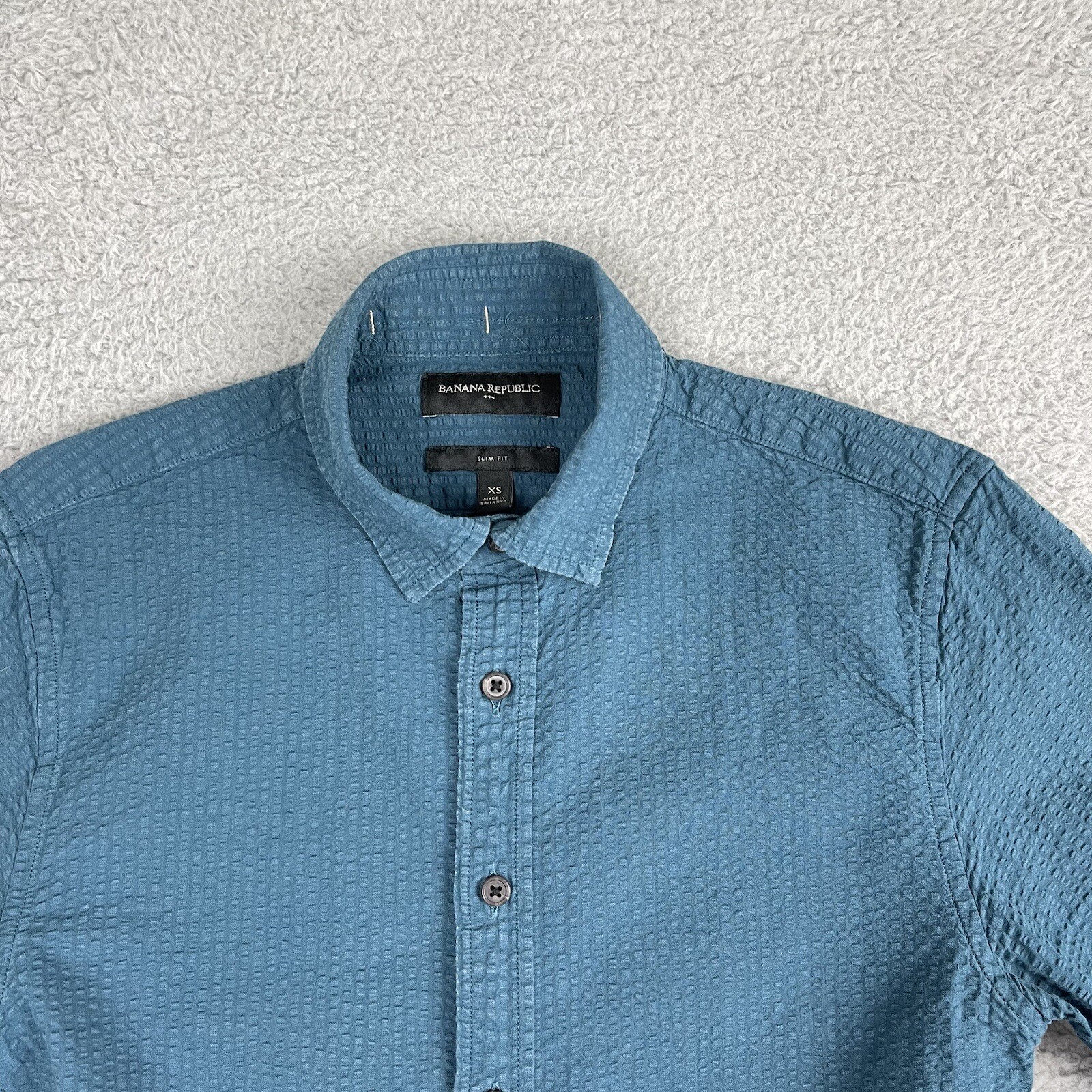 Banana Republic Searsucker Shirt Women Extra Small XS Teal Slim Fit Button Up