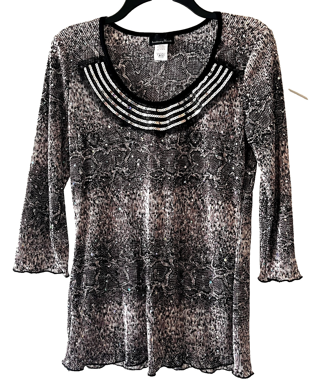 NEW! Brittany Black Pretty Sequin Neckline Micro Pleat Glitter Top! SZ L NWOT
