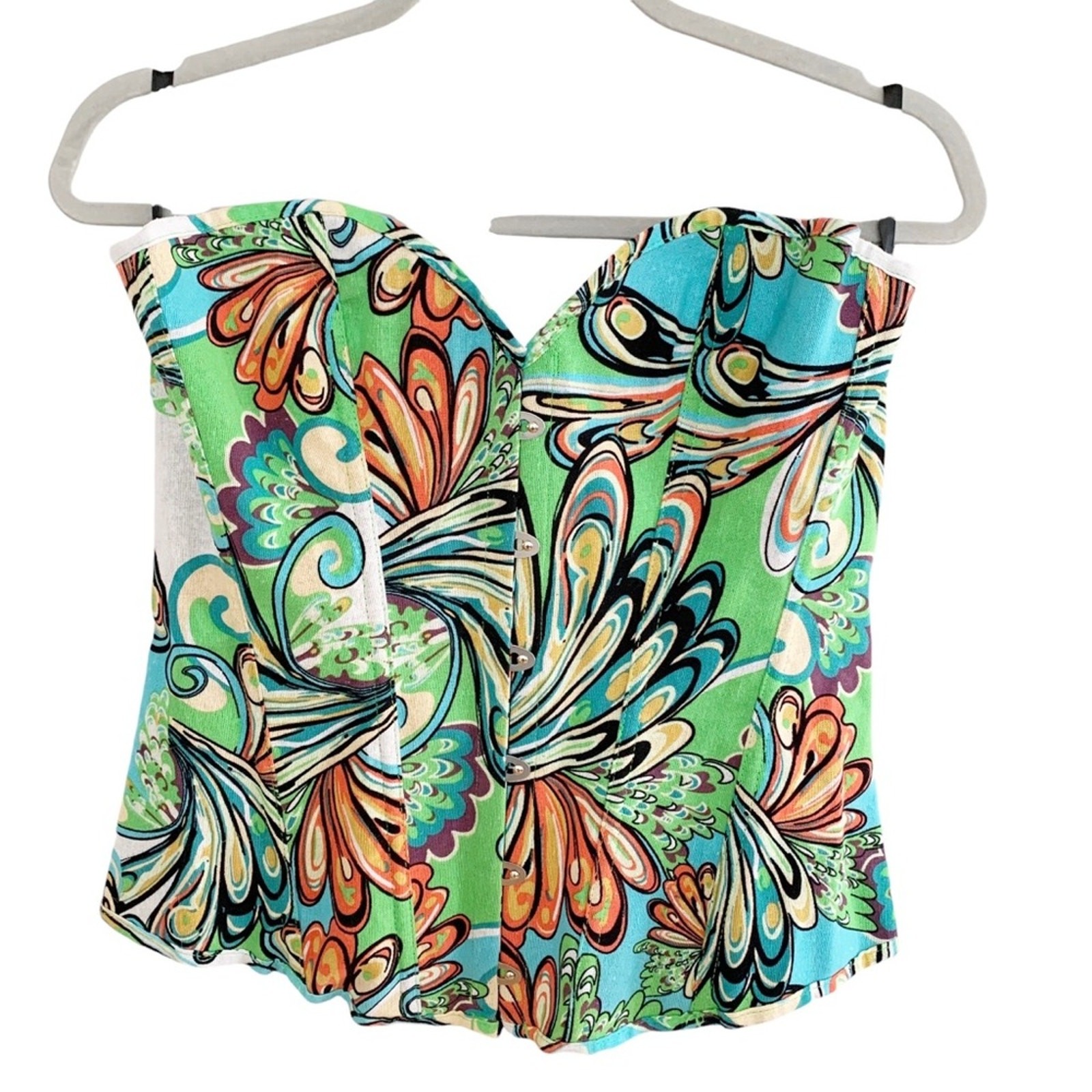 Alivila Retro Inspired Multicolor Printed Denim Lace Up Back Corset Bustier XL