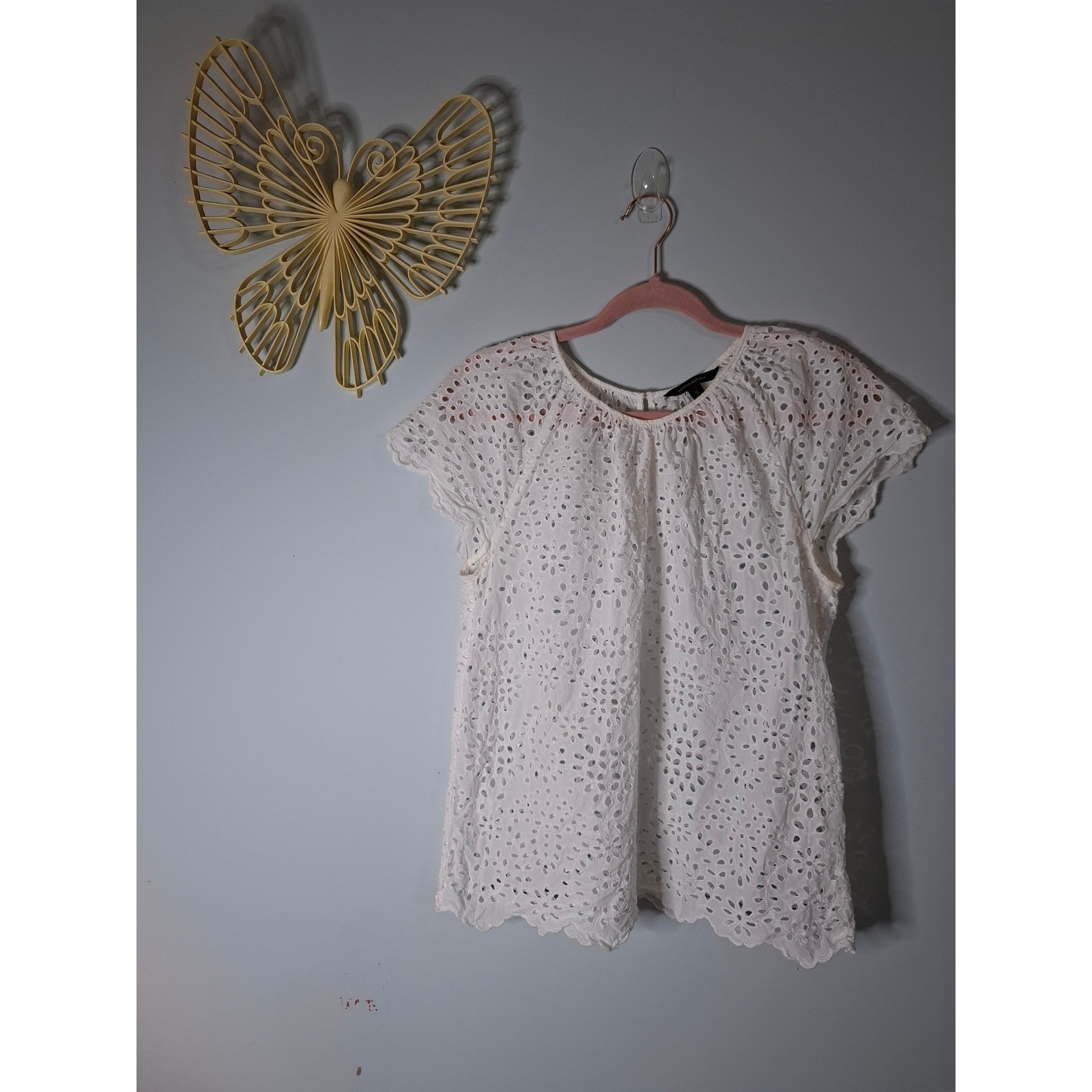 Banana Republic White Eyelet Lace Cotton Blouse Cap Sleeve Scallop Hem Top S