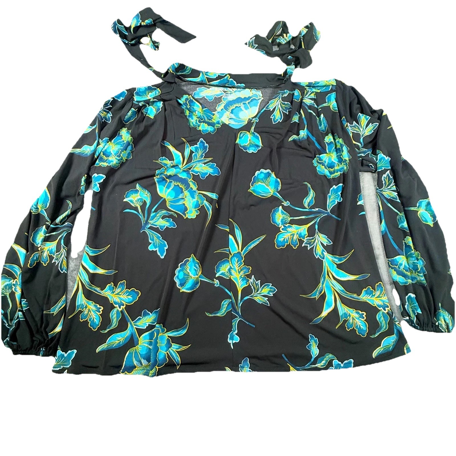 Jessica London Top Tunic Womens 12 Black Blue Floral Puffer Sleeve V Neck Tie
