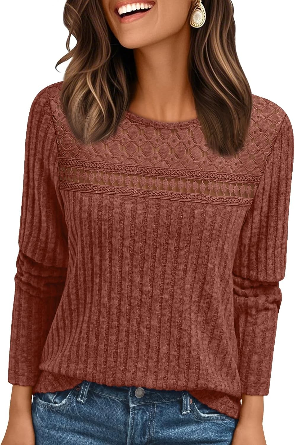 Womens Fall Long Sleeve Lace Top Lightweight Loose Fit Casual Tunic Shirt