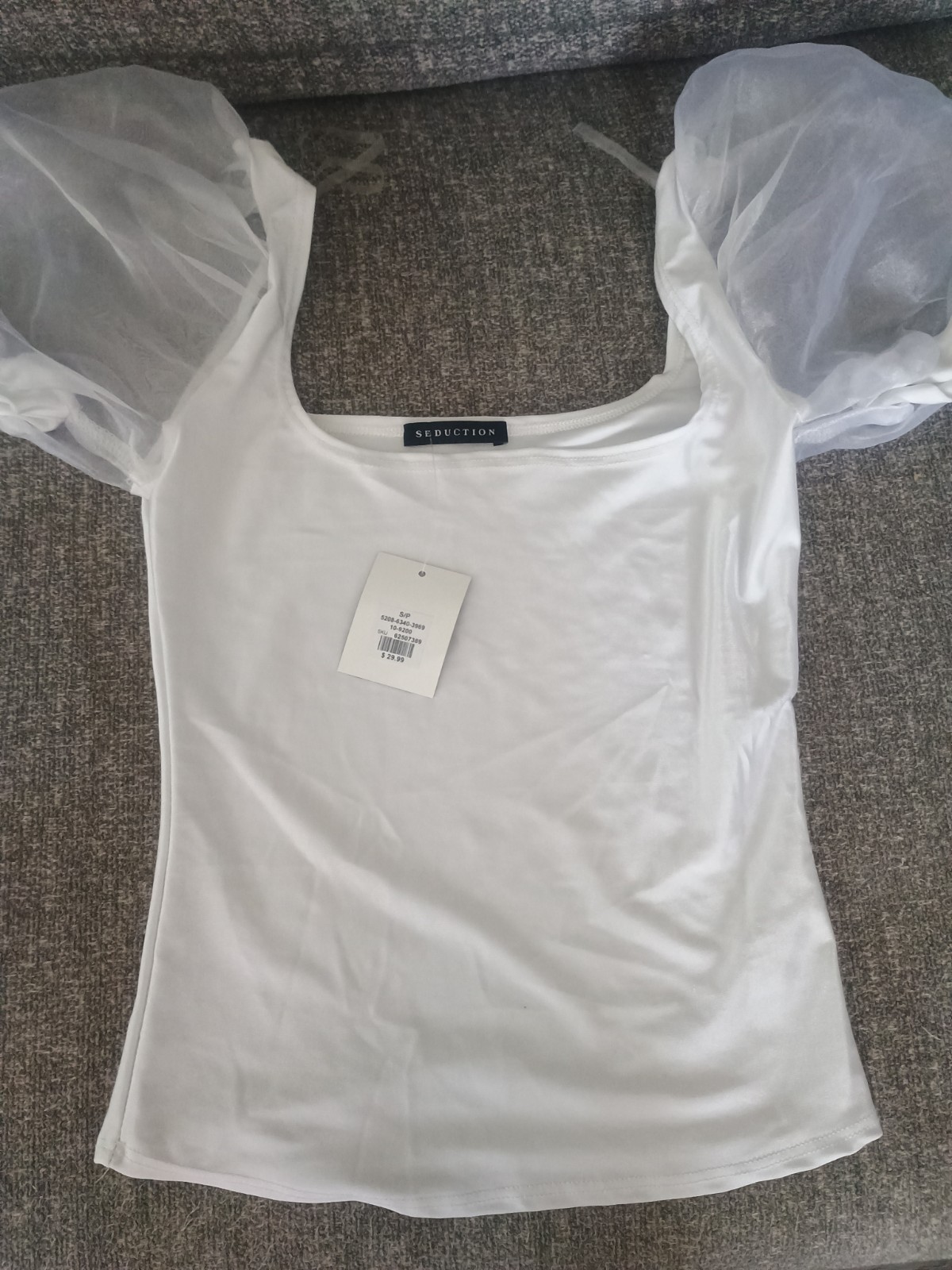 Top Women Small White Short Puff Sleeve Shirt Blouse Seduction Brand New w/ Tags