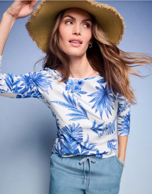 Talbots Bateau Neck Tee – Painted Palms WHITE/SHORE BLUE Color, New, All Size