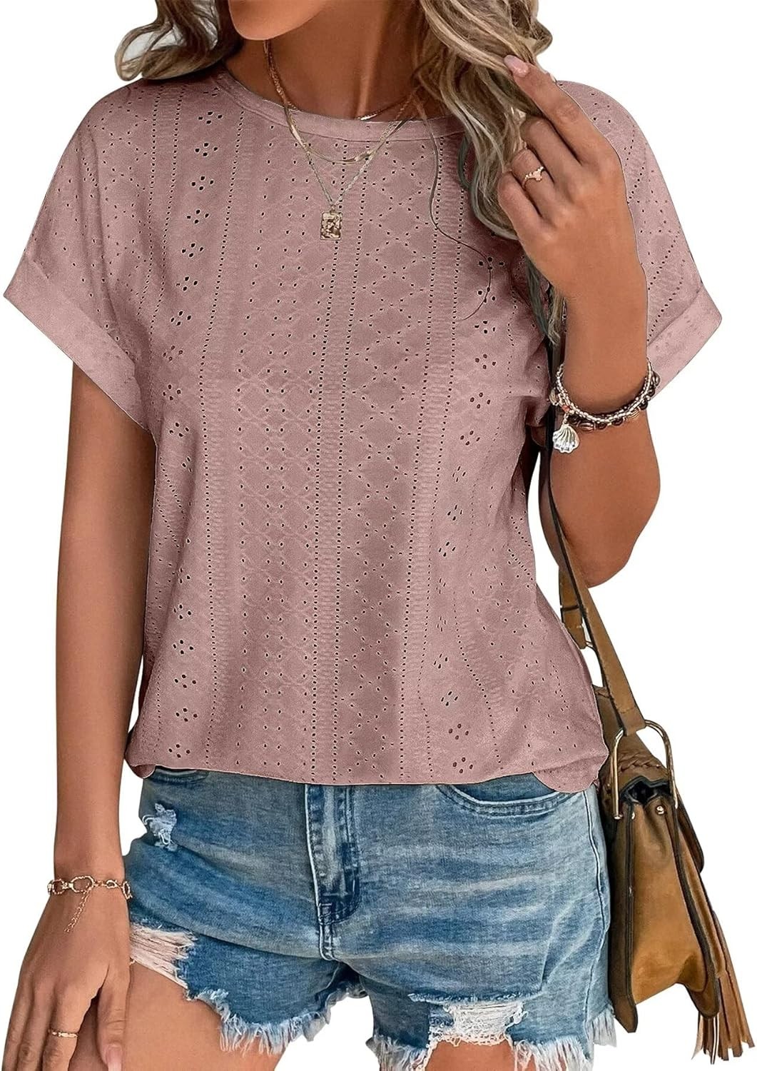 Womens Eyelet Embroidery Top Short Sleeve Curved Hem Loose Fit Summer T Shirt
