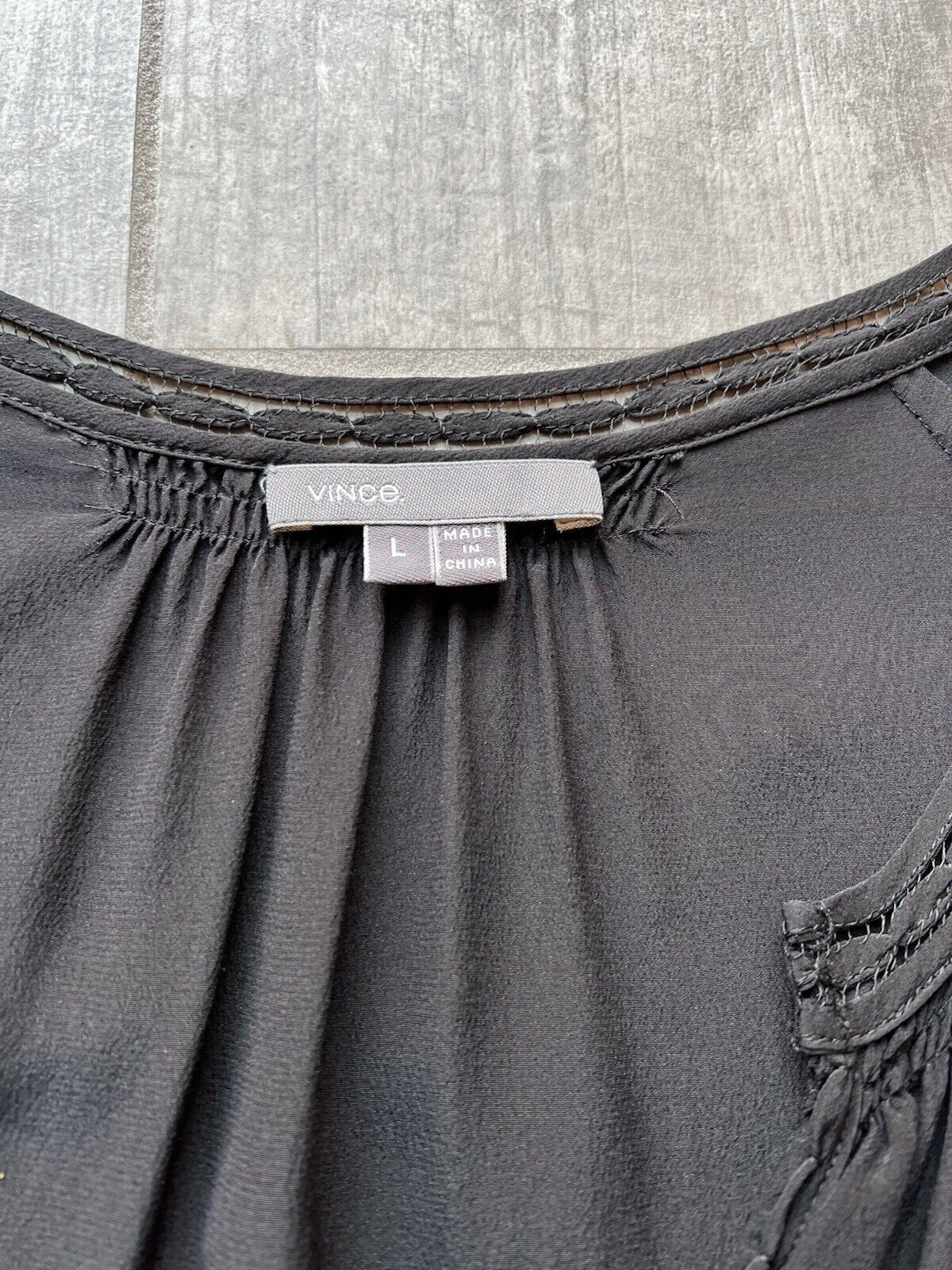 $295 VINCE Designer 100% Silk 3/4 Sleeve Dolman V Neck Blouse Top Black Chic L