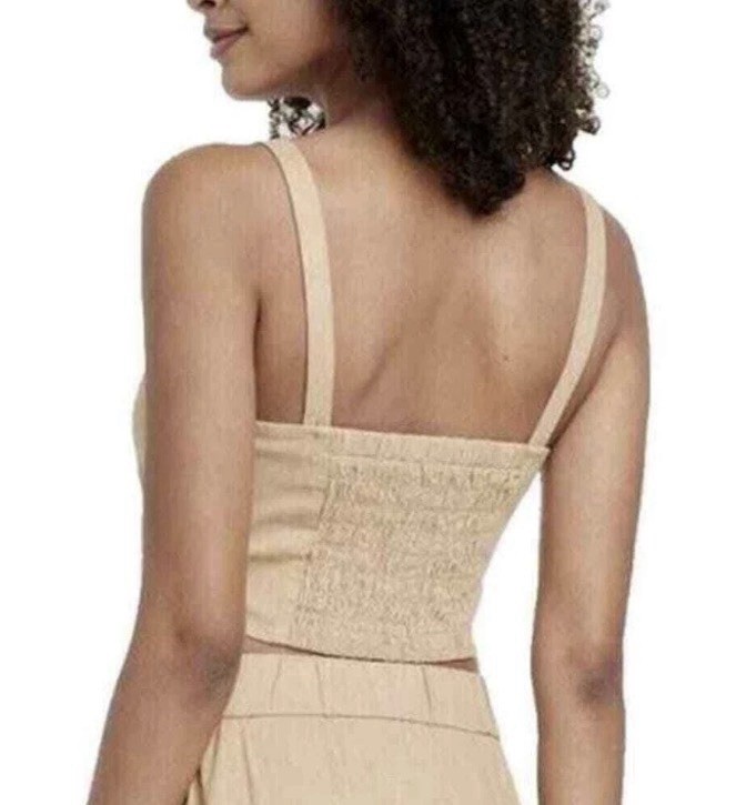 Universal Thread Tan Smocked Front Tie Linen Crop Top L Large