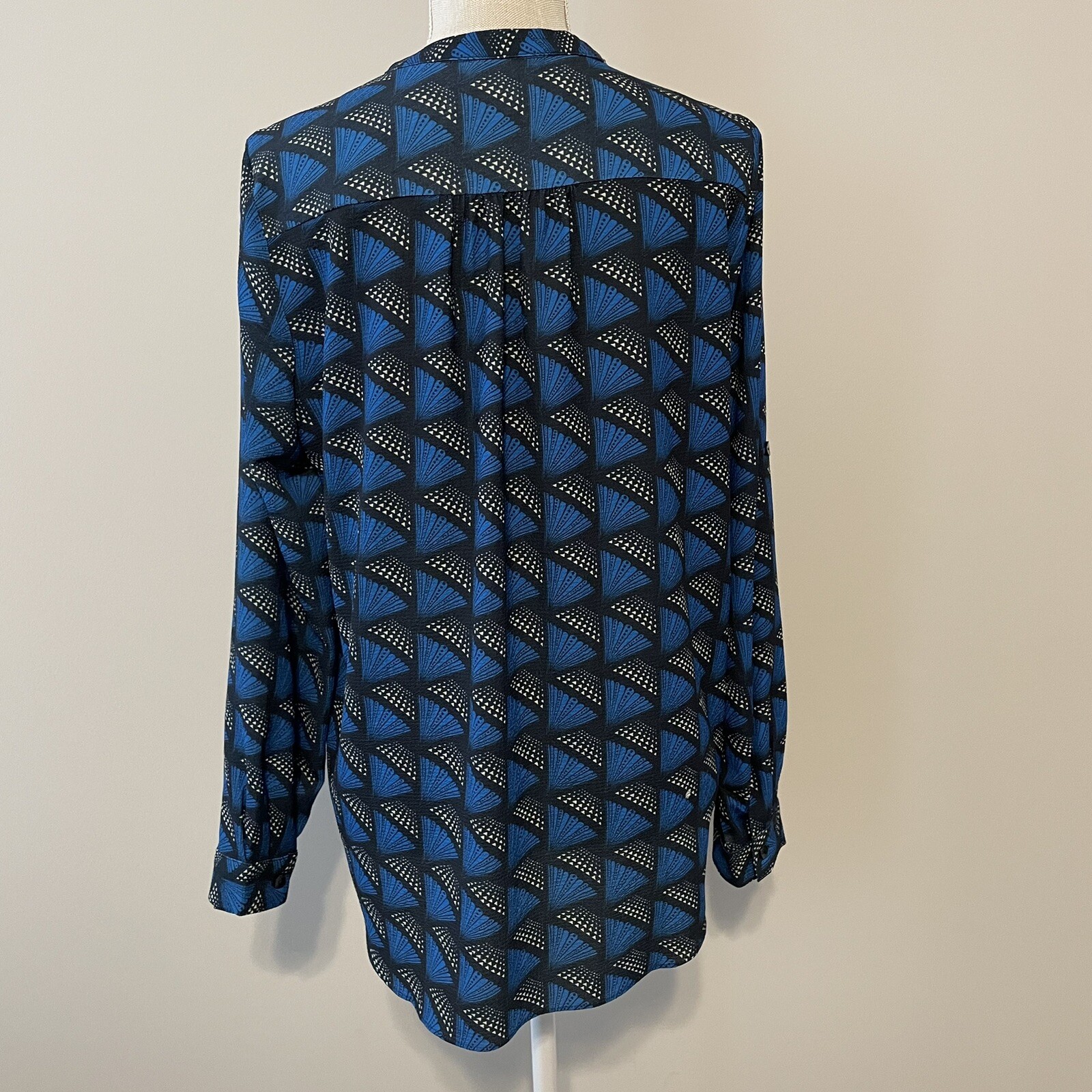Jade Melody Tam Blue Geometric Silky Henley Top Medium Pattern Play Minimalist