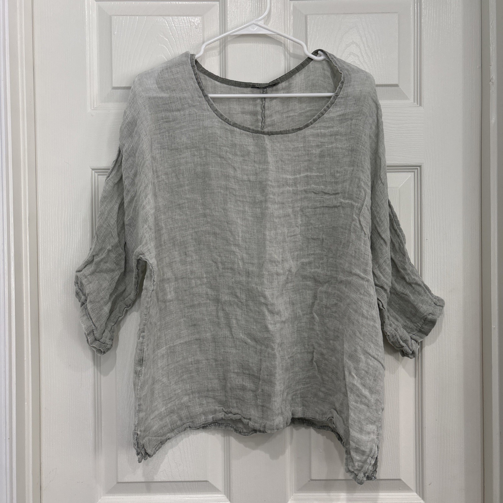 Colette Linen Top Blouse Green Boxy Lagenlook Breathable Sheer Gauze One Size OS