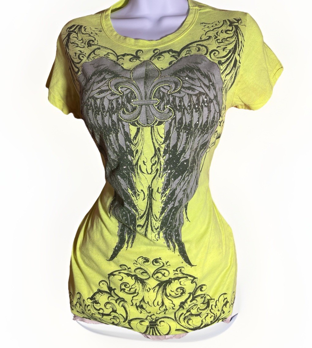 California Girls USA Graphic Tee Lime Green Black Print Rhinestones Women’s L