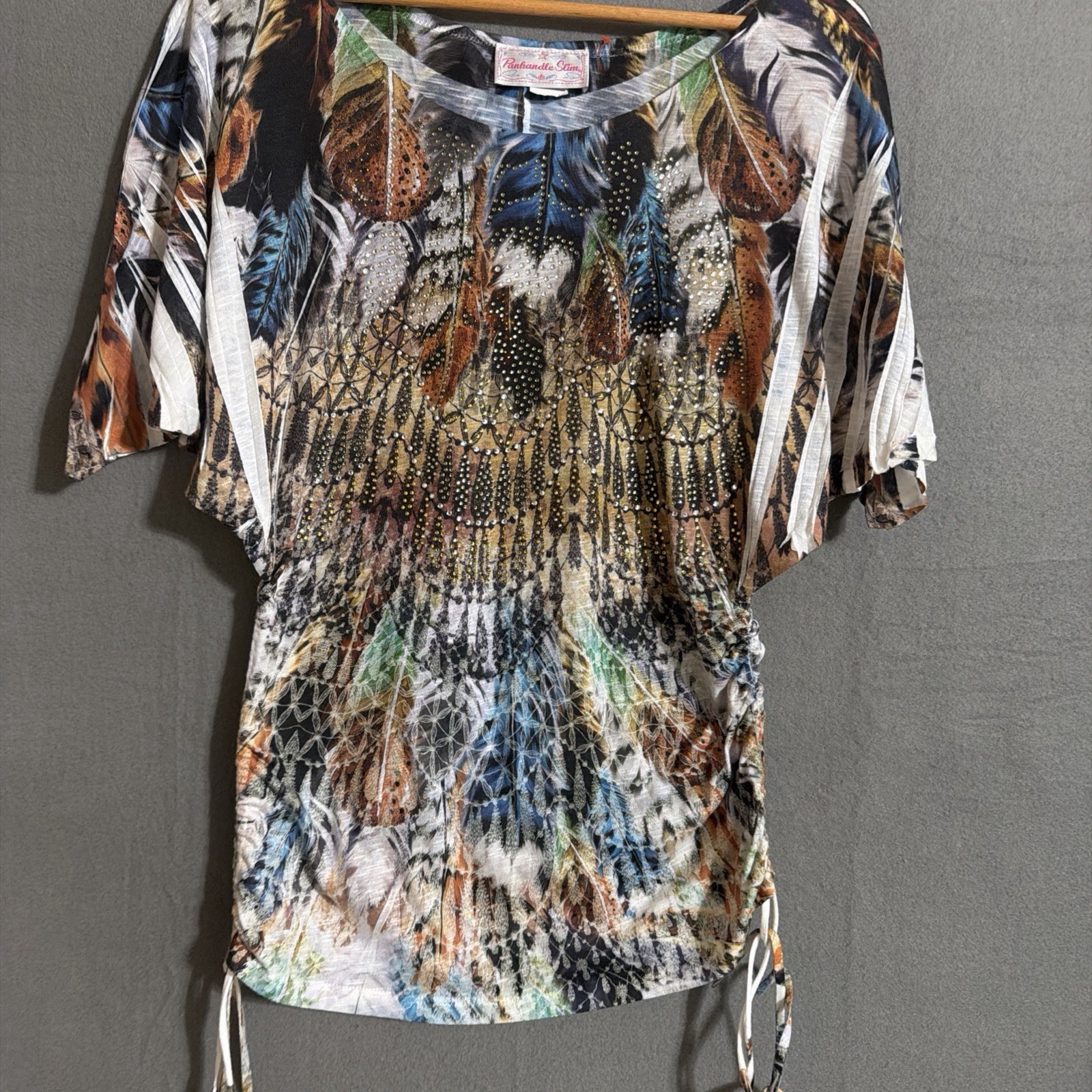 VTG Panhandle Slim Wm’s SZ L Western rhinestone FeatheredPrint Ruched Shirt USA