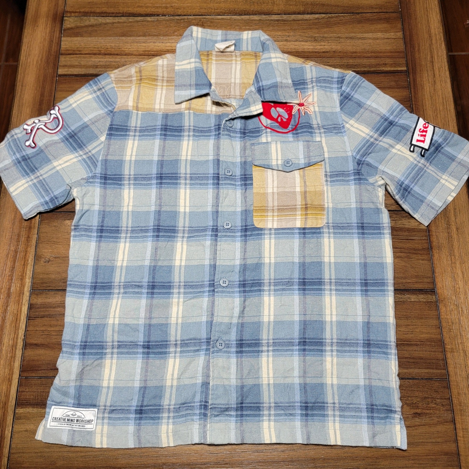 Smoke Rise Blue & Brown Plaid Full Button Shirt w/Embroidery – Size Large