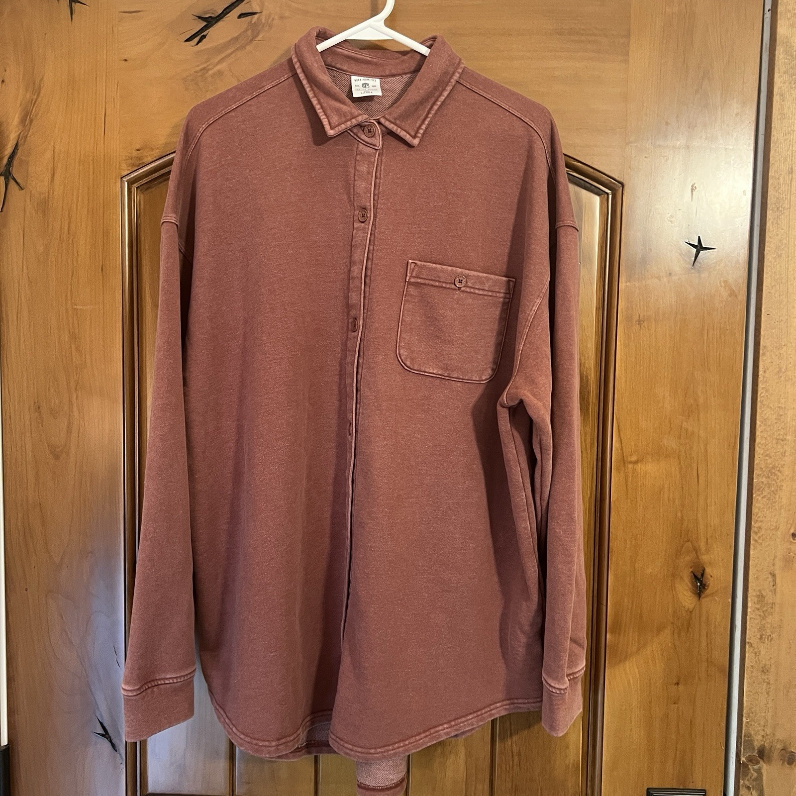 Born Primitive Womens L Red Denim Vintage Wash Woodsman Stretchy Button Down NWT