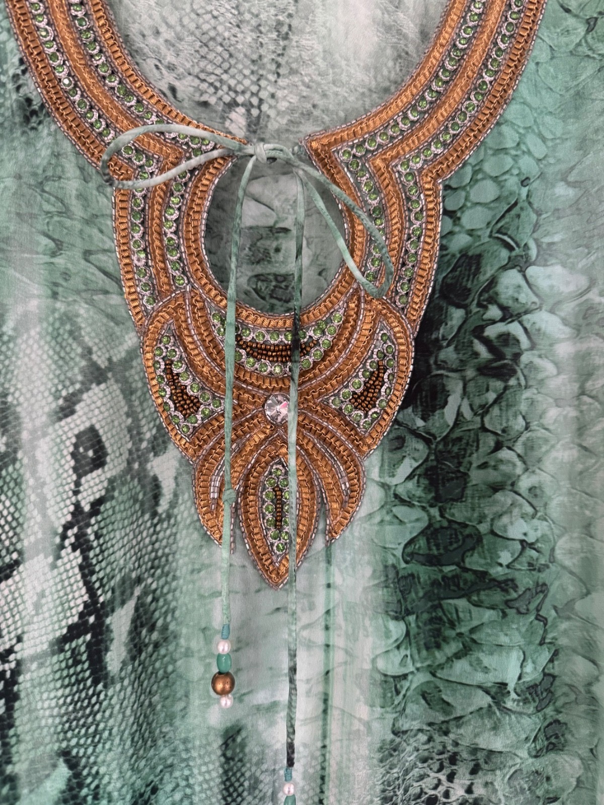 Taj By Sabrina Crippa Beaded Rhinestone Gold Green Blouse size XS