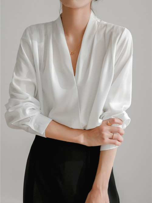 Womens Long Sleeve Shirt Silk Stain V-Neck French Office Lady Summer Blouse Tops