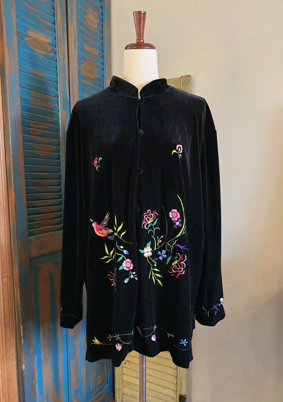 Vtg Susan Graver Floral Bird Embroidered Asian Velour Tunic Top Women 2X Black