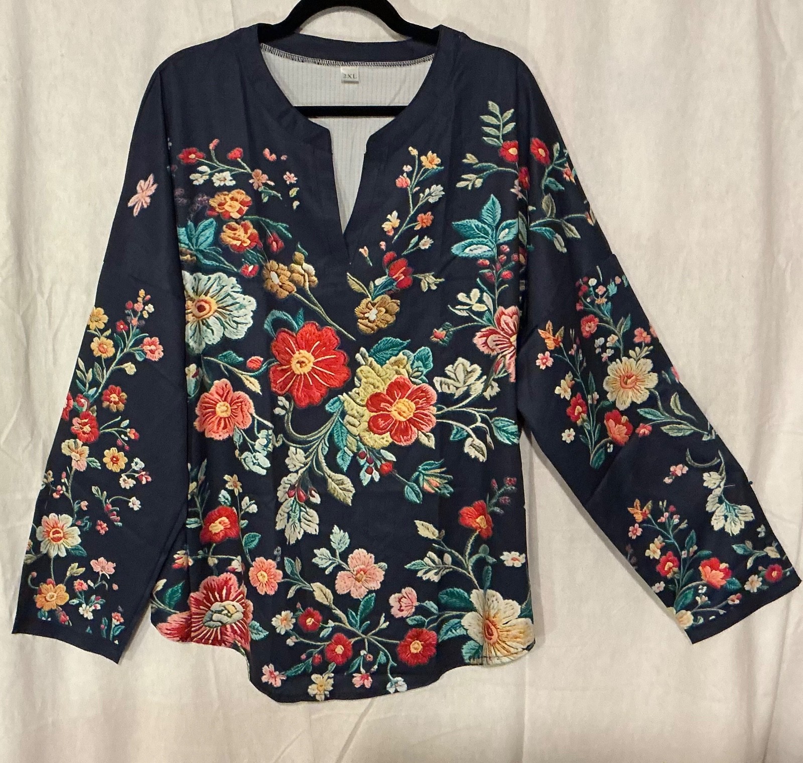 NEW Navy with Multi-Colored Flowers Long Sleeved Blouse, size 2X
