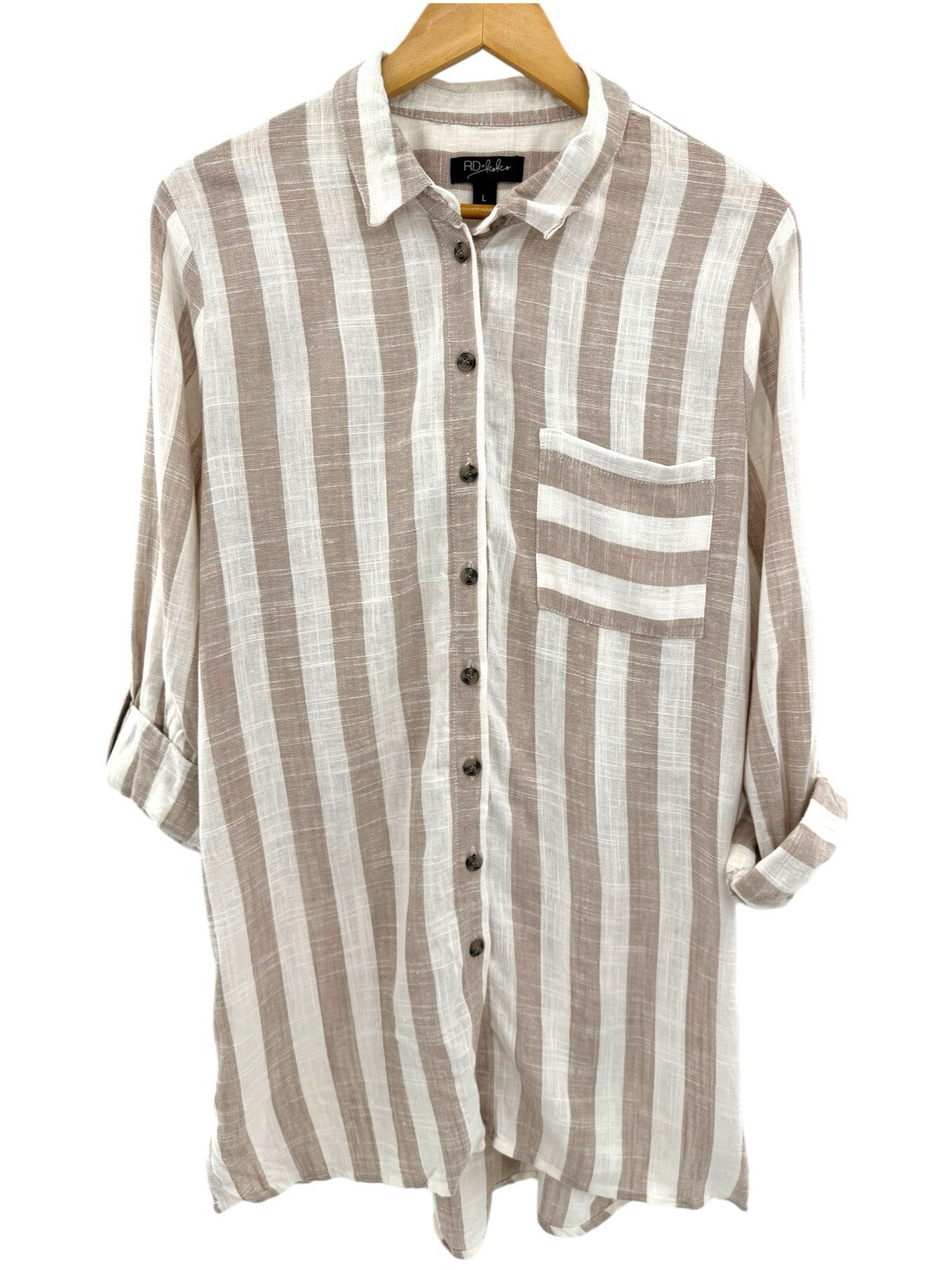 Anthropologie RD & Koko Wide Stripe Button Down Tunic Tan Cream Linen Large