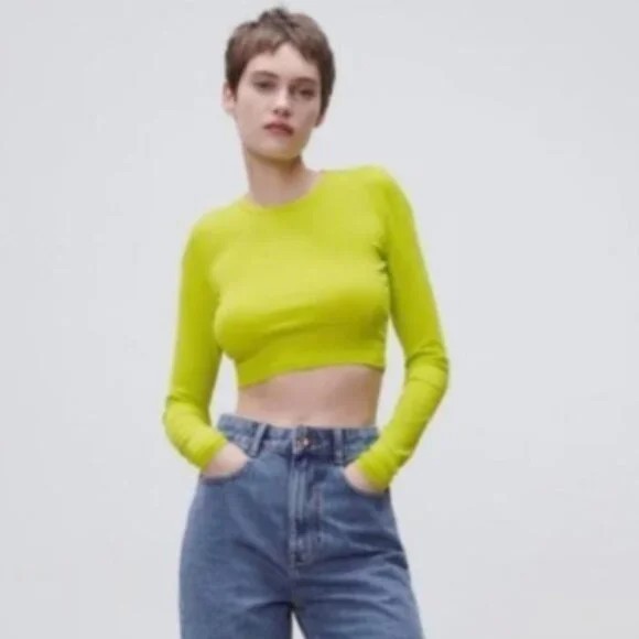 ZARA WOMEN’S NEON YELLOW GREEN CROPPED LONG SLEEVE TEE SHIRT TOP SMALL S NWT 🌸