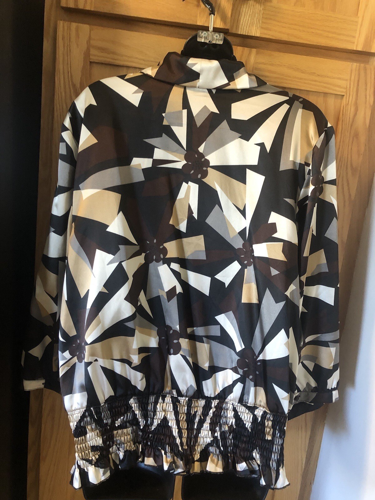 Apostrophe Tie Satiny Blouse Button Up Geometric Print Multi Color Size XL