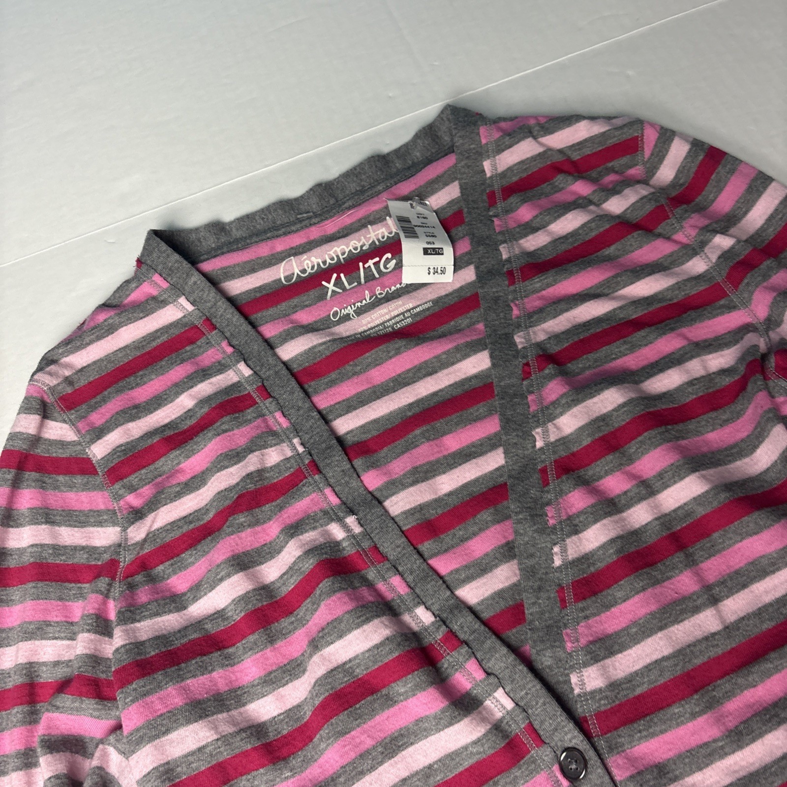 Aeropostale Women’s XL Shirt Pink Gray White Stripes V-Neck Button Cardigan New
