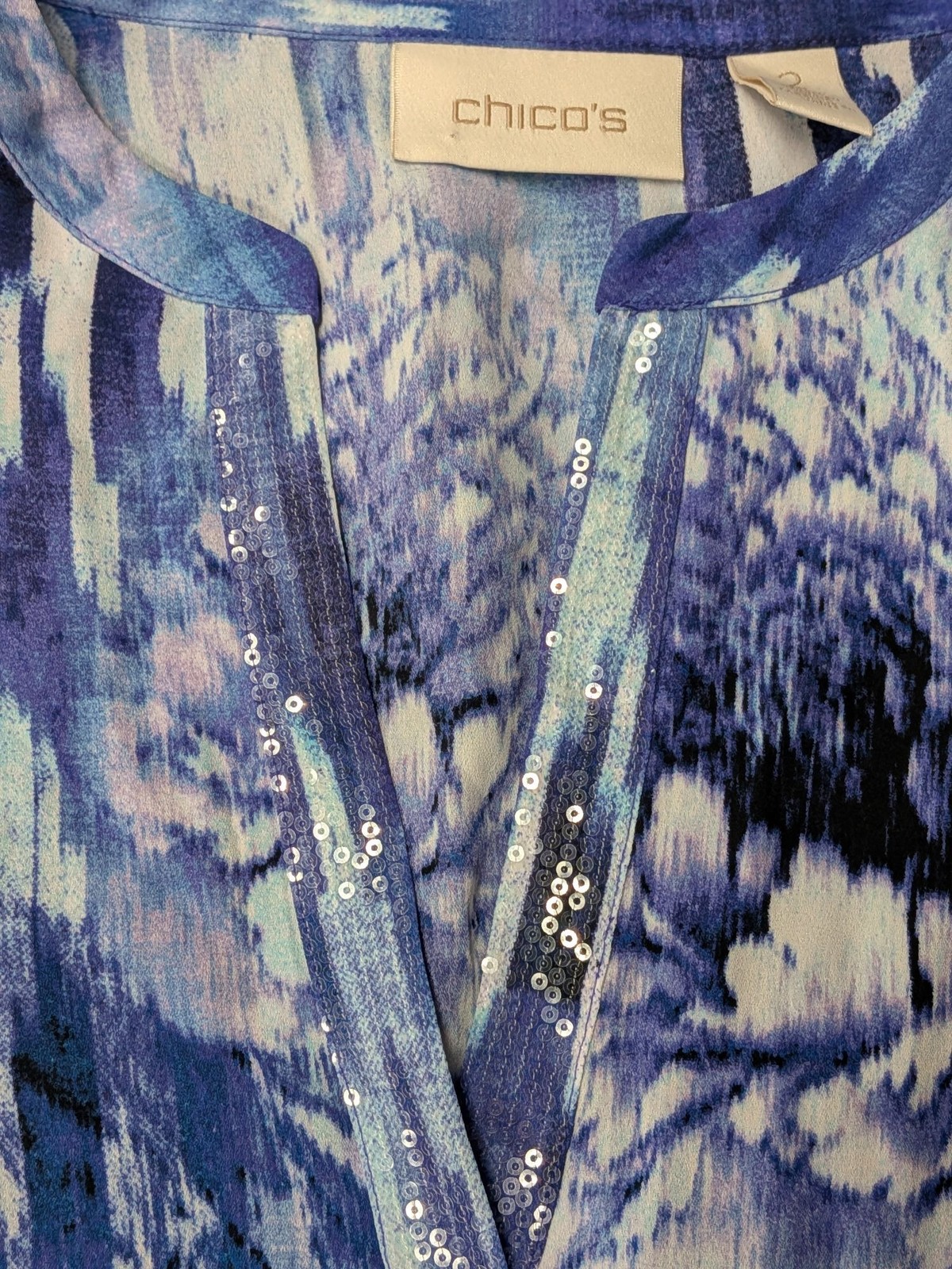 Abstract Floral Layered Tunic Top Sequin Asymmetrical Hem Artsy Resort Large