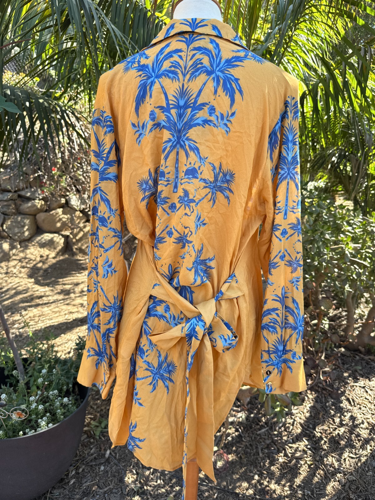$198 NWT Aquari Yellow Blue Palm Tree Robe Wrap Dress Size S Boho Resort Wear