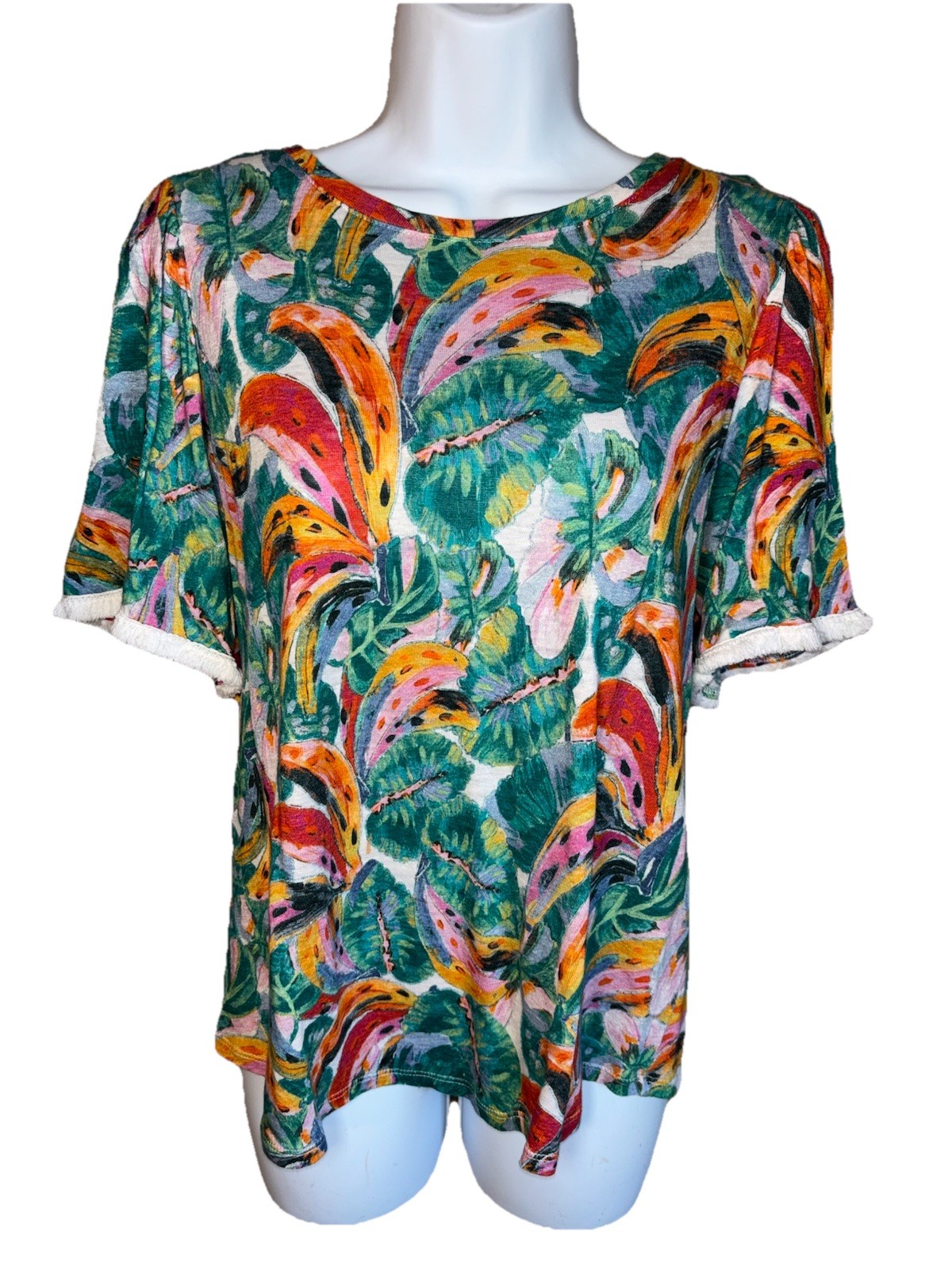 Chicos 100% Linen Tropical Floral Short Sleeve Top Size 1 US Medium Tiger Lily