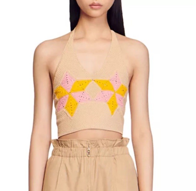 Sandro Muguette Crochet Halter Crop Top Women Size 0/XS Beige Designer Modern