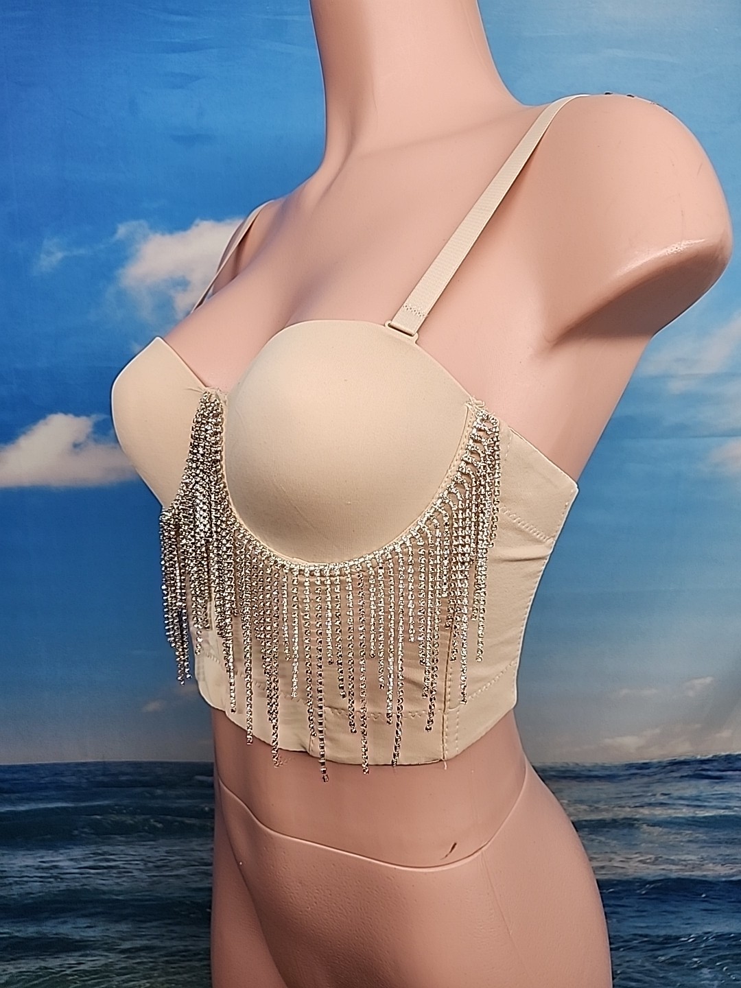New Women’s Top Sparkly Bustier Crop Top Push Up Corset Bra Clubwear Beige 34/75