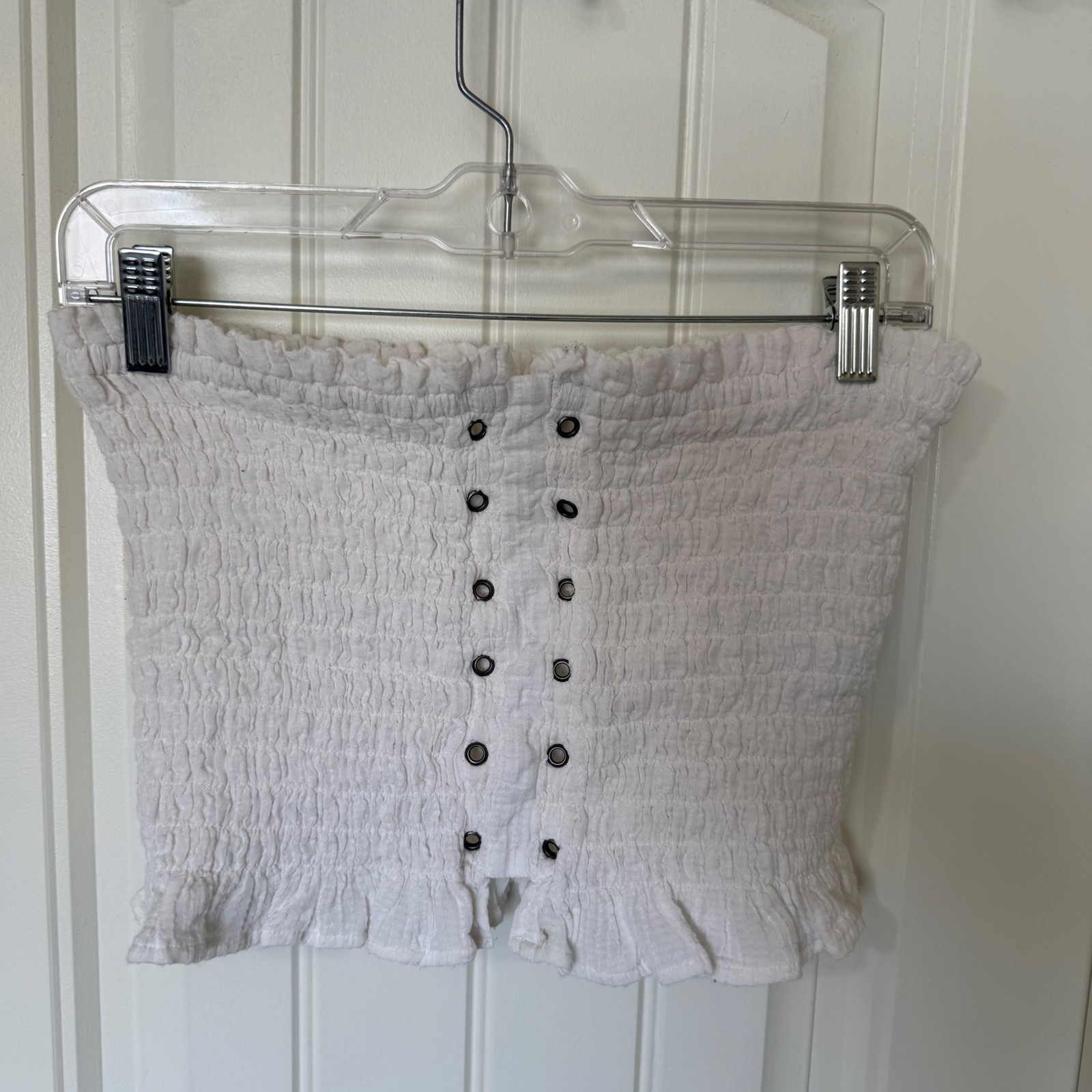 American Eagle Smocked Tube Top Women Large White Excellent Eyelet Ruffle
