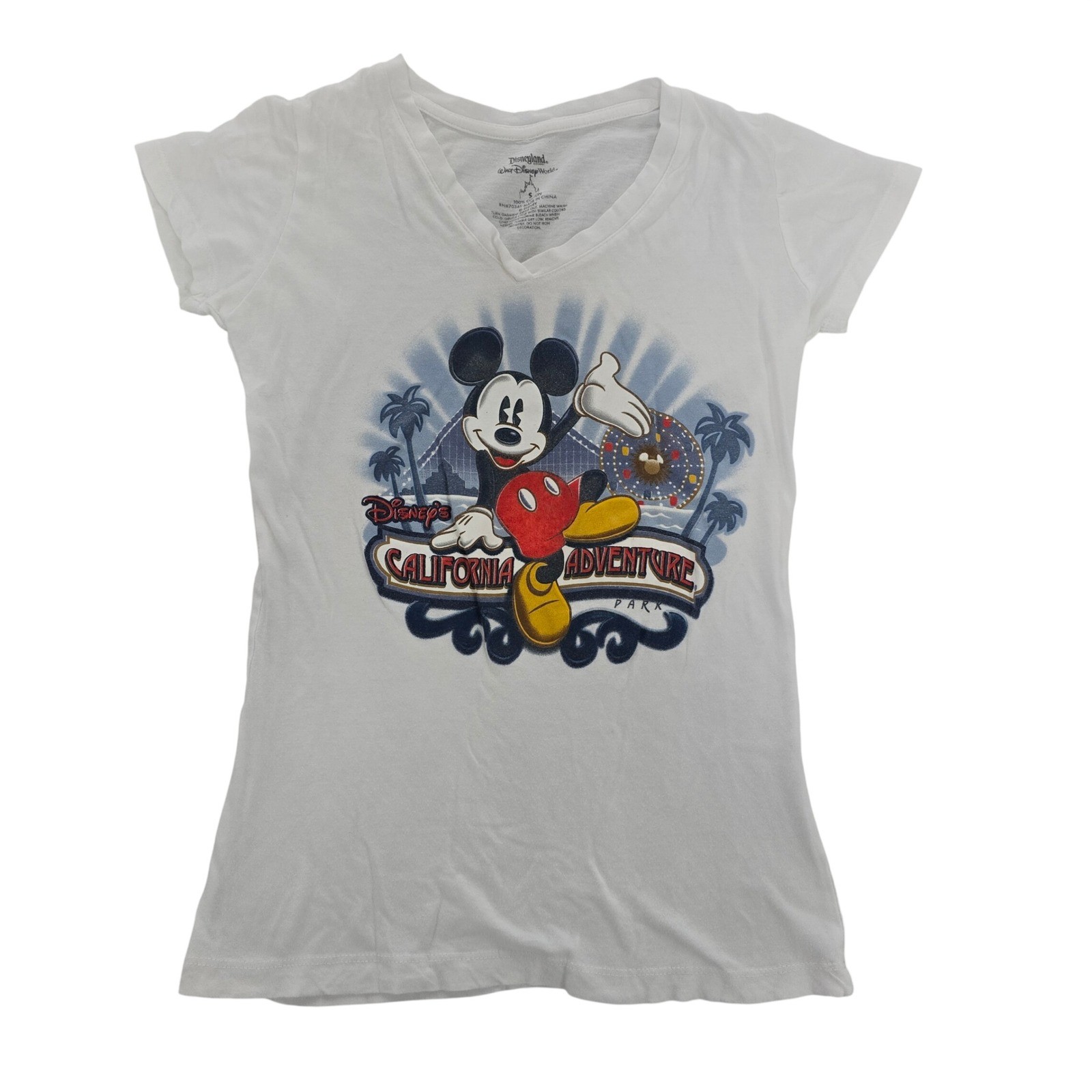 Disney California Adventure Mickey Mouse V-Neck Graphic T-Shirt White Small EUC