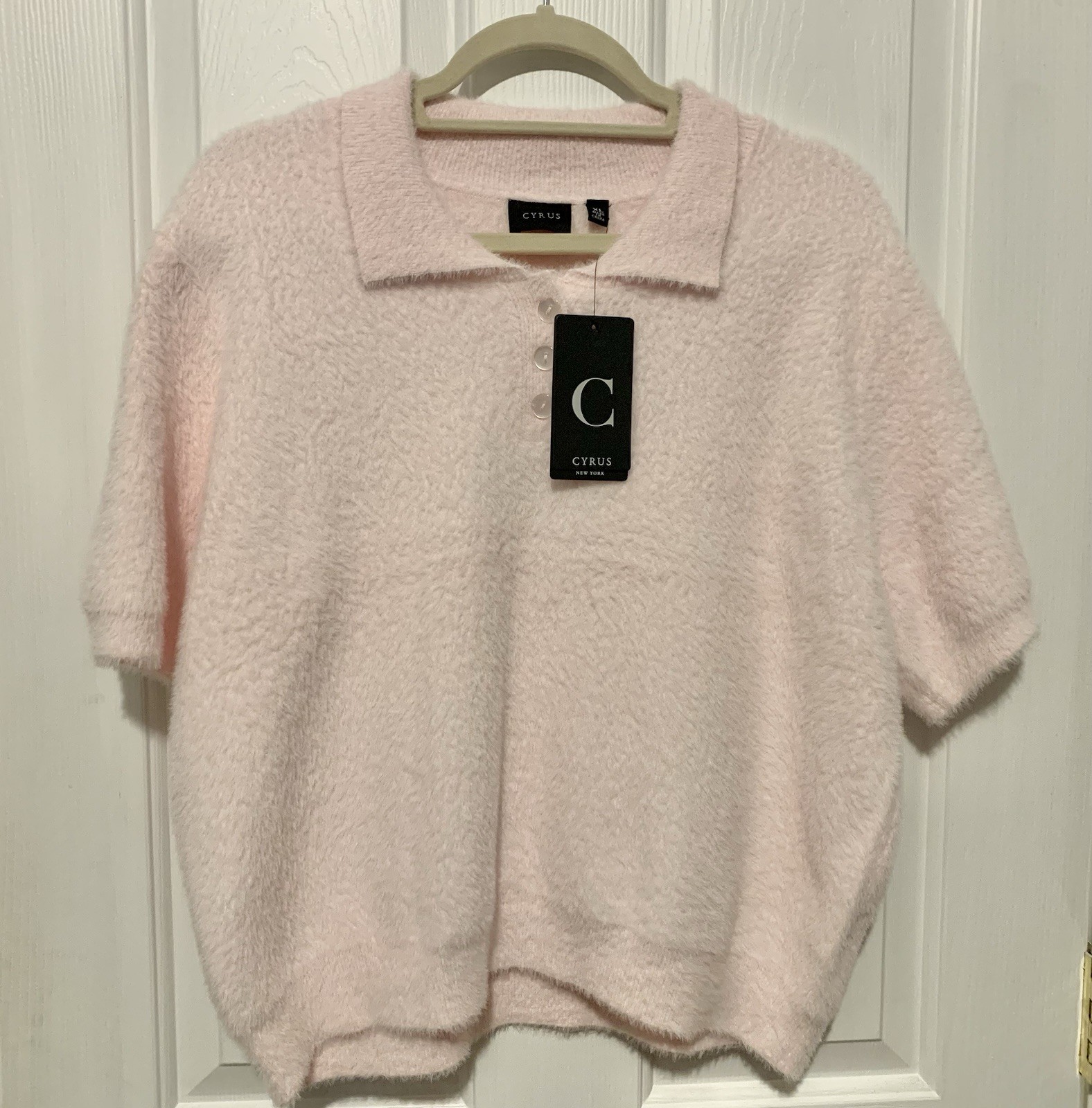 NWT Cyrus Baby Pink Fuzzy Knit Polo Shirt Sz XL Women