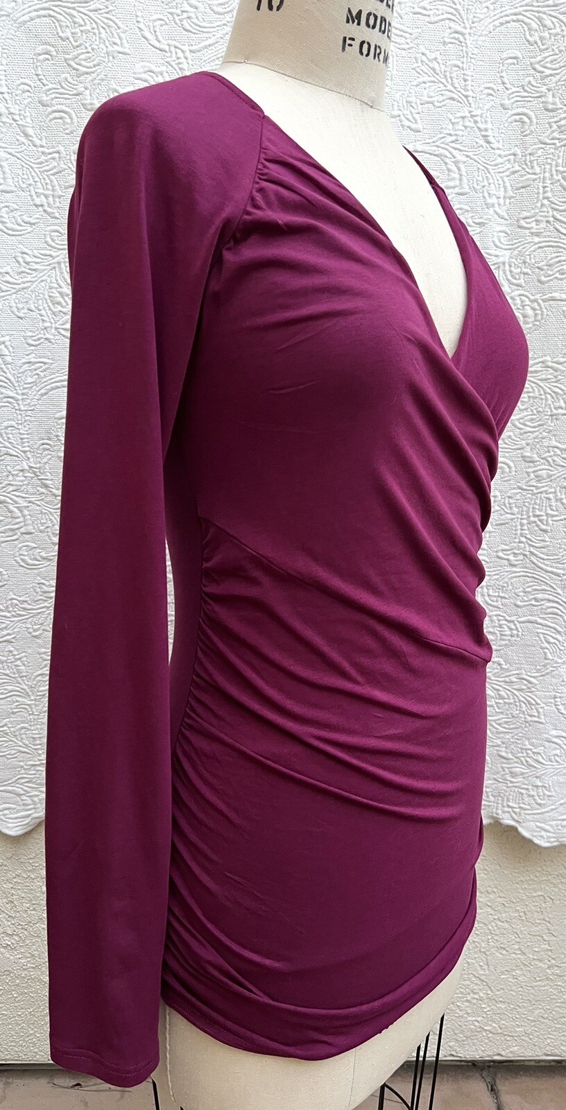 Garnet Hill Maroon Blouson Mock Wrap Jersey Knit Top Blouse Women’s Sz Small