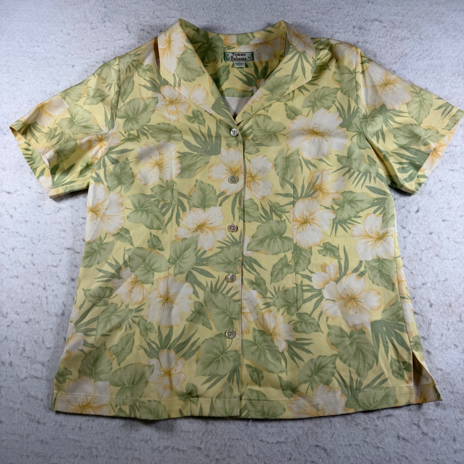 Tommy Bahama Womens Silk Floral Camp Shirt Yellow Tropical Short Sleeve Blouse L