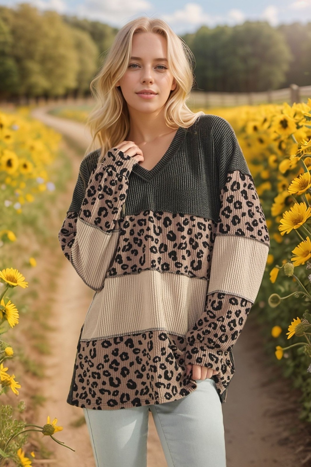 Heimish Charcoal & Beige Color block Ribbed V Neck Animal Print Long Sleeved Top