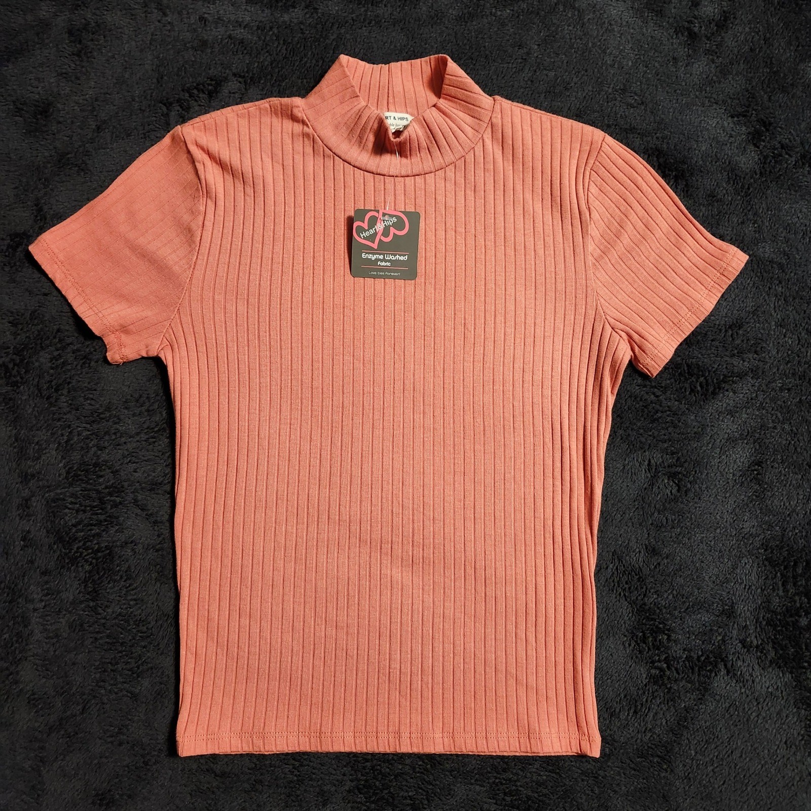 Heart & Hips Womens Mock Neck Ribbed Short Sleeve Top Coral Pink Small NWT