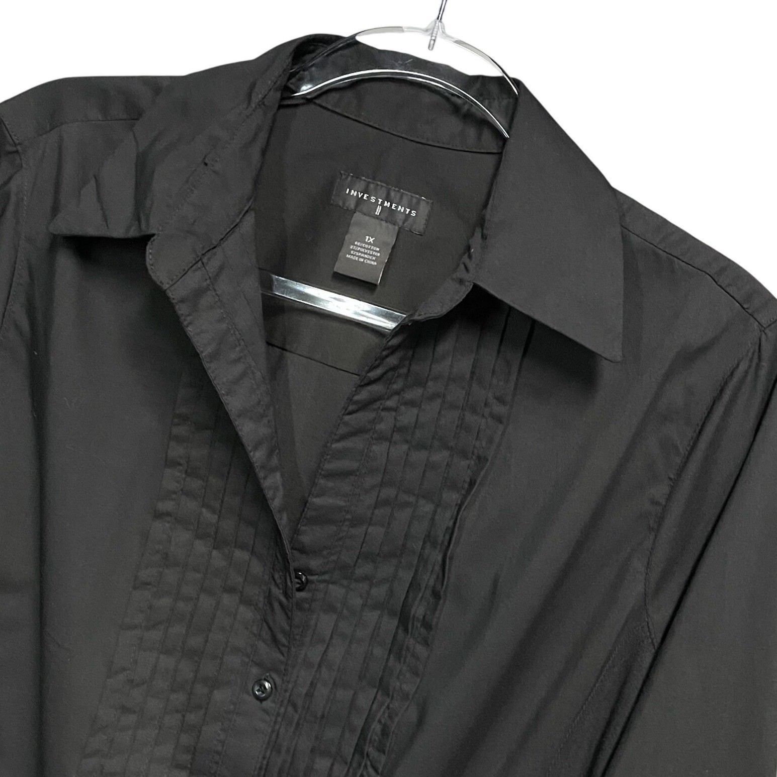 Investments Black Pintuck Button Down Shirt Women’s 1X Stretch 3/4 Sleeve