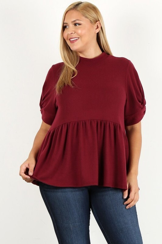 New Plus Size Baby Doll Blouse Top Women Short Sleeves Solid Red 1XL 2XL 3XL