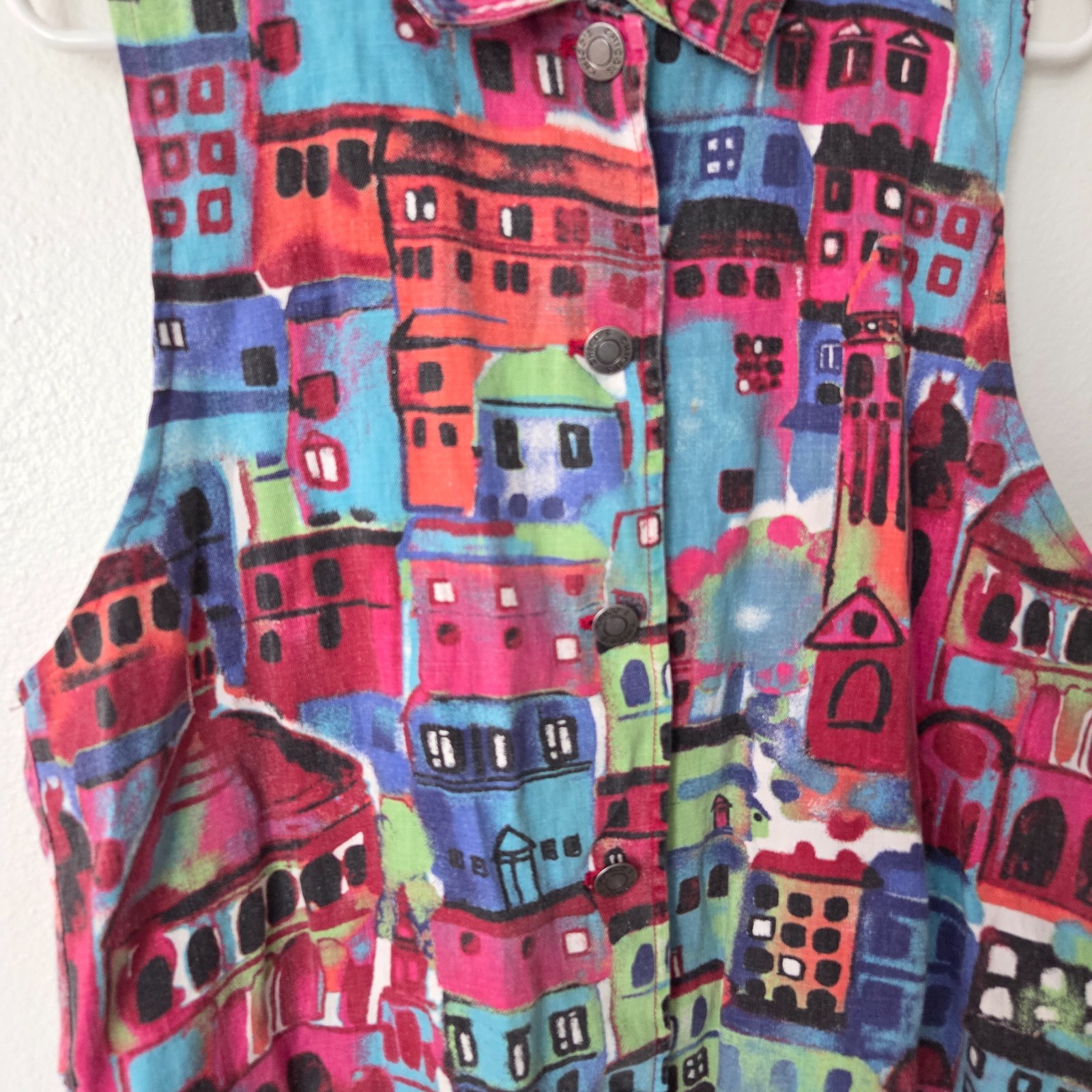 Vtg Chico’s Sleeveless Jacket Vest Vibrant Multicolored Big City Print Size 1