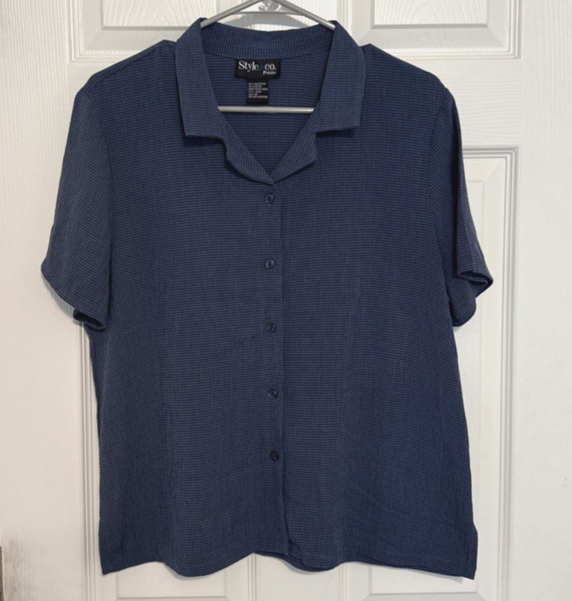 Style & Co Petite Blue Collared Button Front Blouse Short Sleeve Size 14P