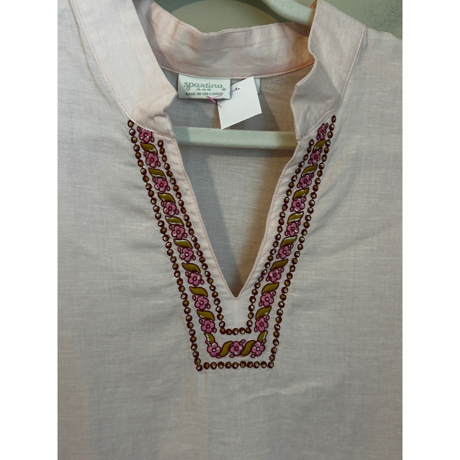 Spartina 449 Size L Everleigh Tunic Pink Tencel Linen Blend Embroidered Floral