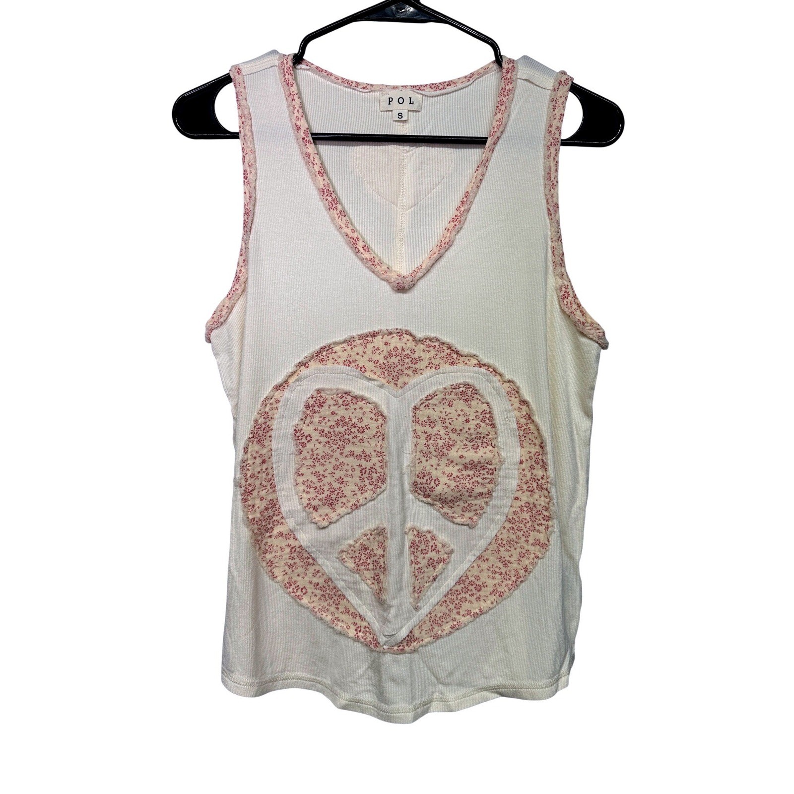 POL Womens Cream Ribbed Heart Peace Sign Tank Top Raw EdgeSmall