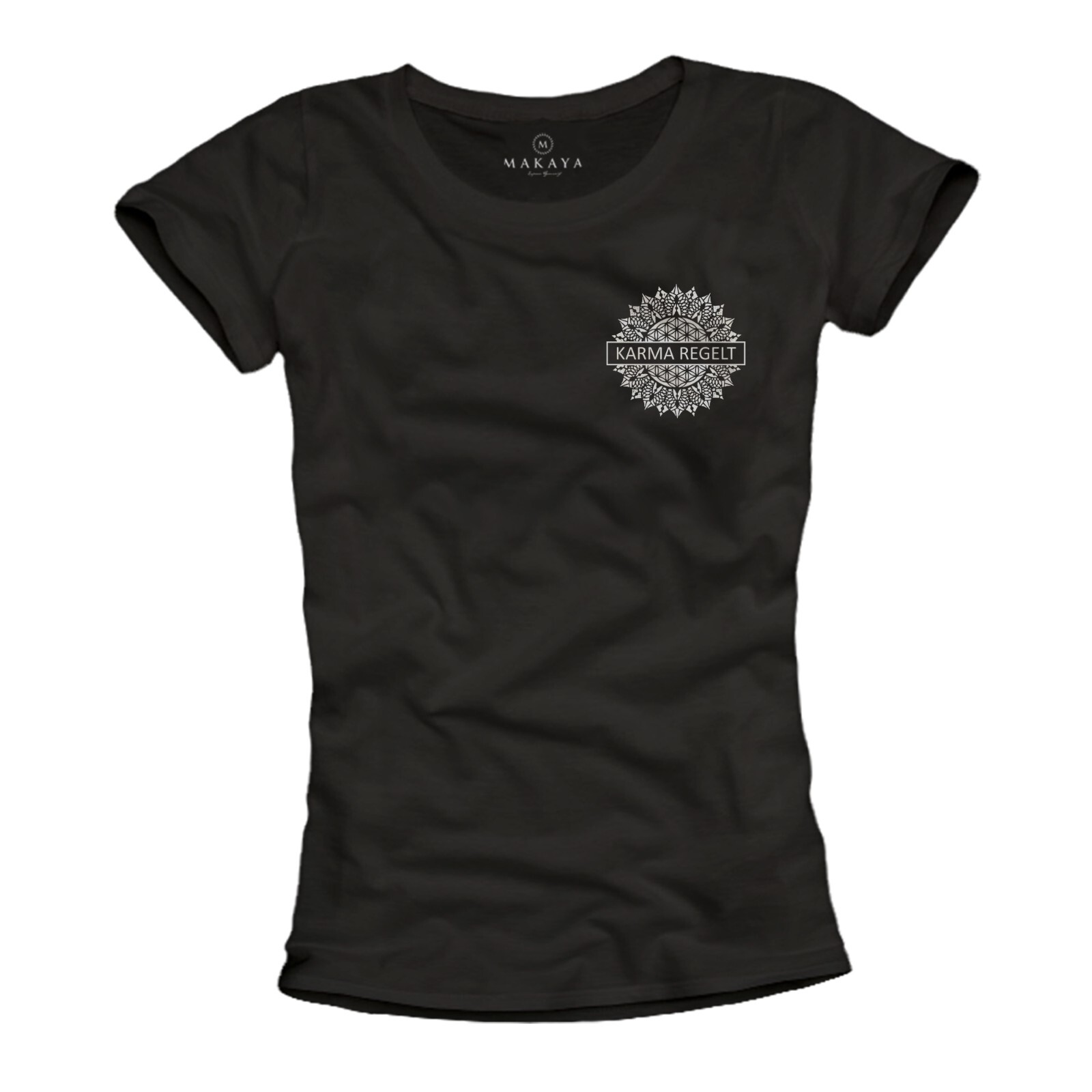 Ladies Shirt with Back Print Back Print Karma Top Black Summer Print Mysticism