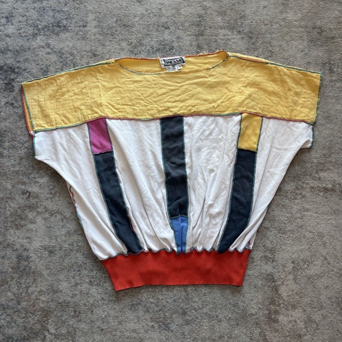 Vanessa vintage80s/90s Cotton Knit Colorblock Crew Neck Short Sleeve Top Size M