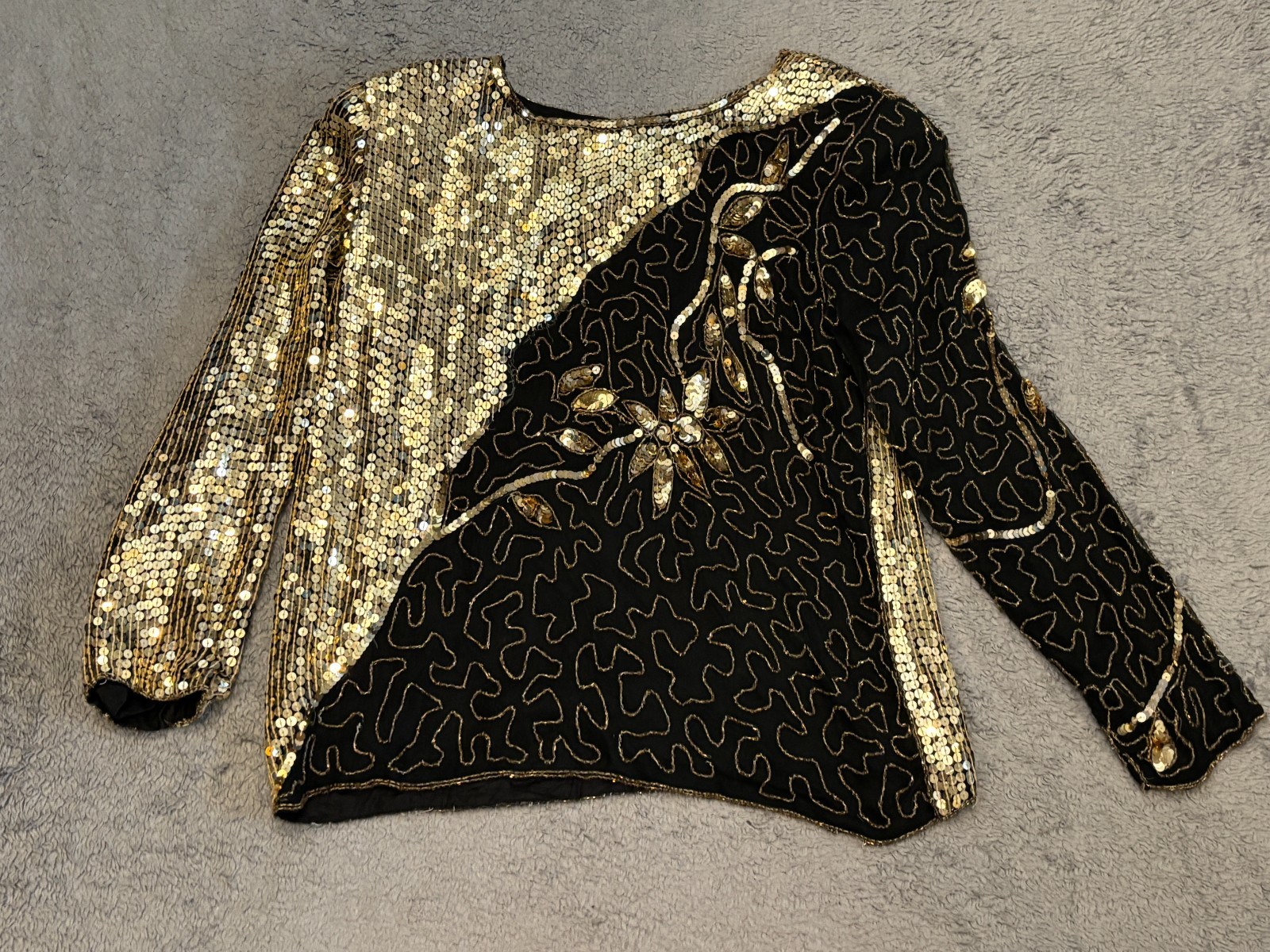 VTG Jean for Joseph Le Bon Silk Sequin Beaded Black Gold Formal Top- Size Medium